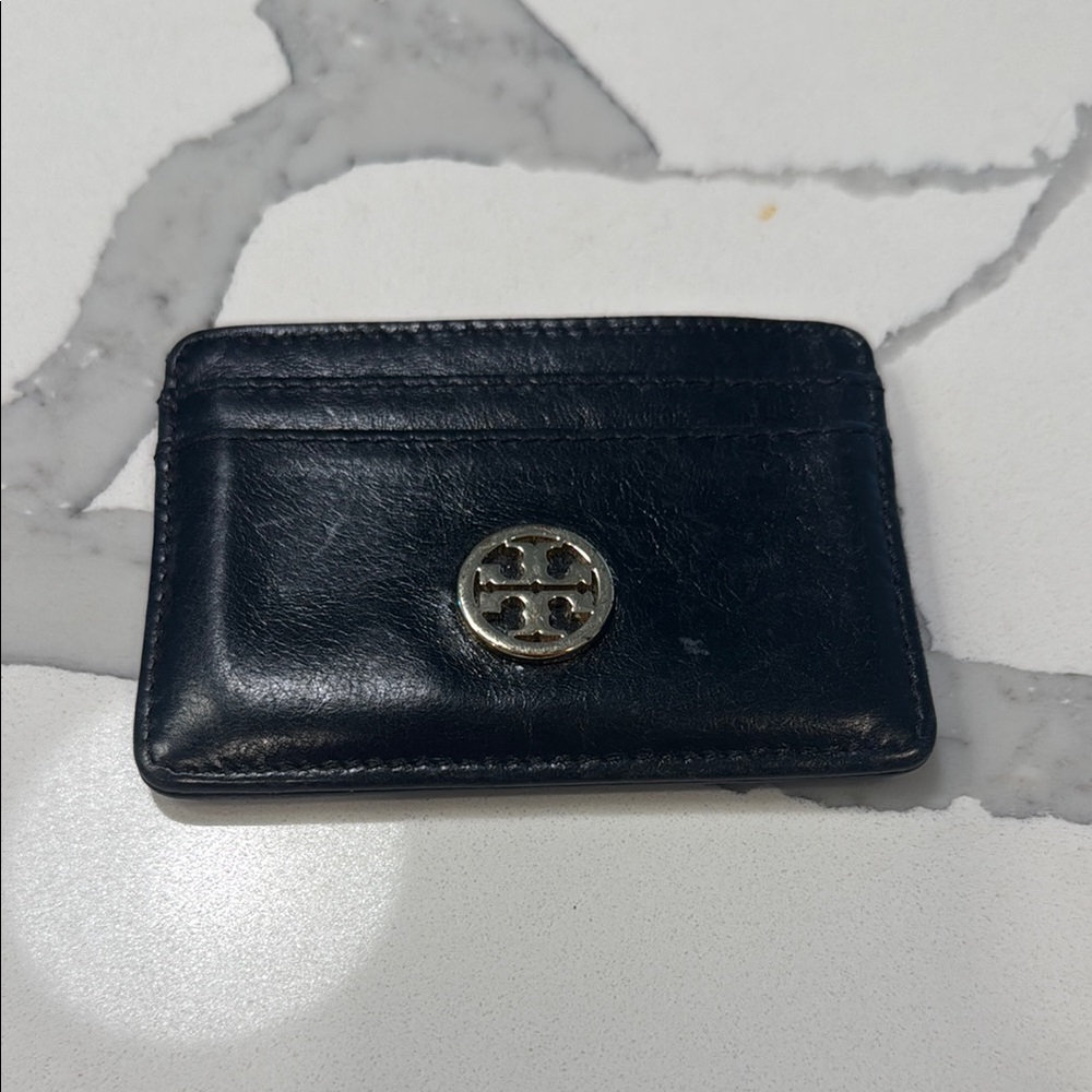 Tory Burch Black Leather Card Holder with Gold Emblem